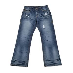 CJ Black Mens Distressed 34x30 Relaxed Straight Whiskered Blue Jeans Y2K